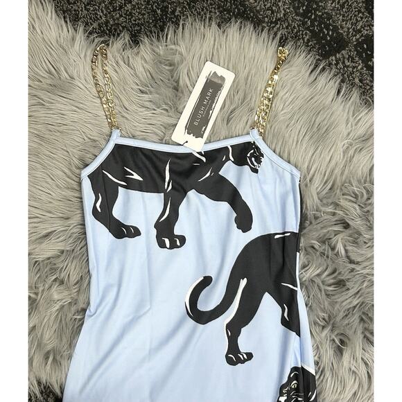 Baby Blue Black Panther Printed Dress By Blush Mark In Size XS W/Gold Straps - Picture 2 of 3